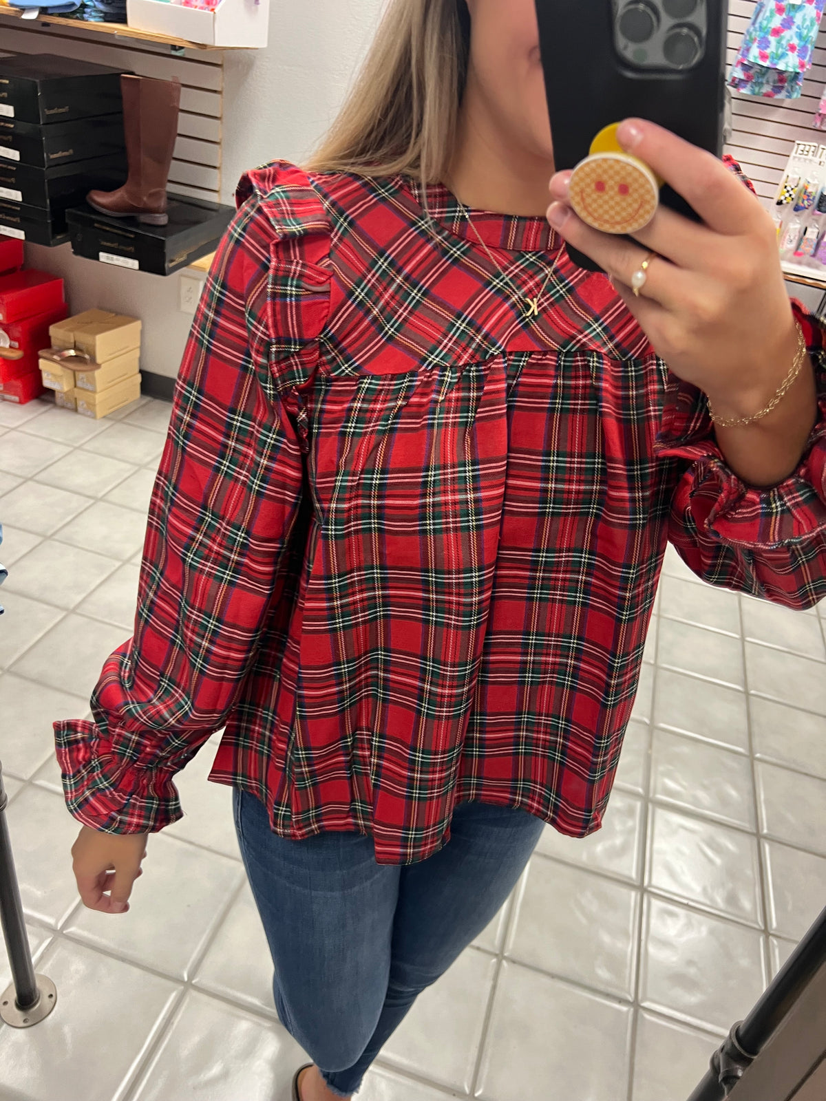 Ruffled Sleeve Plaid Holiday Top