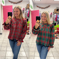 Ruffled Sleeve Plaid Holiday Top