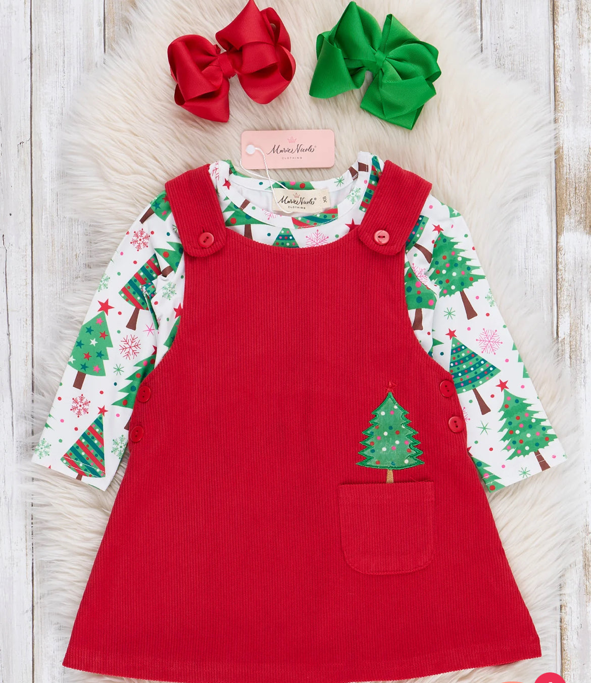 Red & Green Embroidered Christmas Tree Skirtall Set