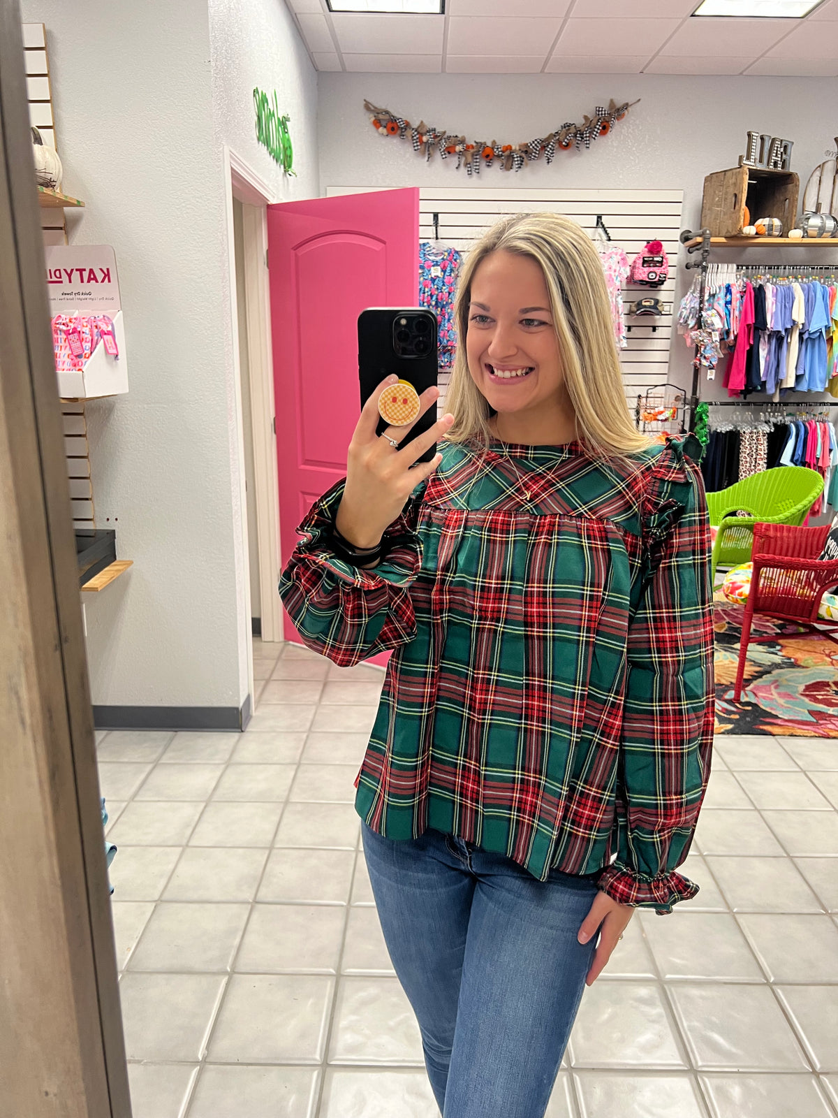 Ruffled Sleeve Plaid Holiday Top