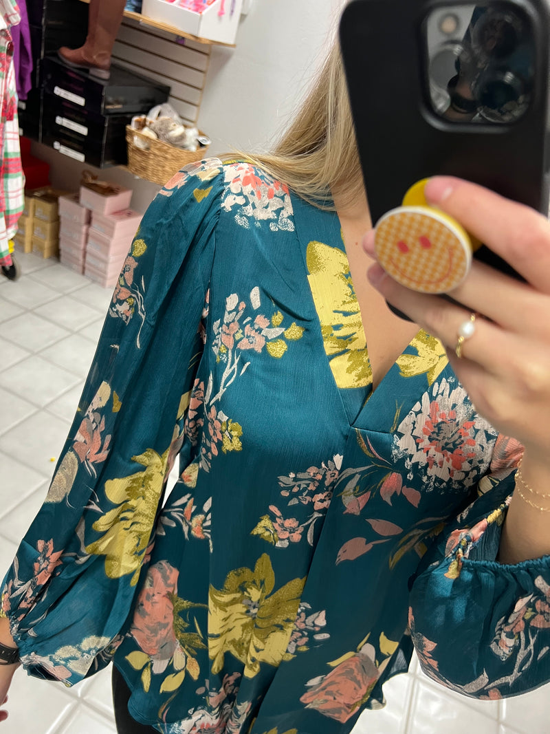 Floral Satin Bubble Sleeve Top